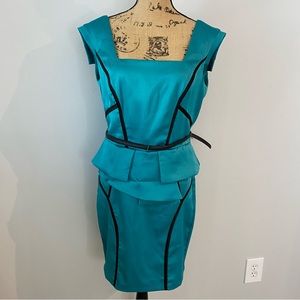 NWOT XOXO Teal Turquoise Belted Satin Peplum Midi Dress